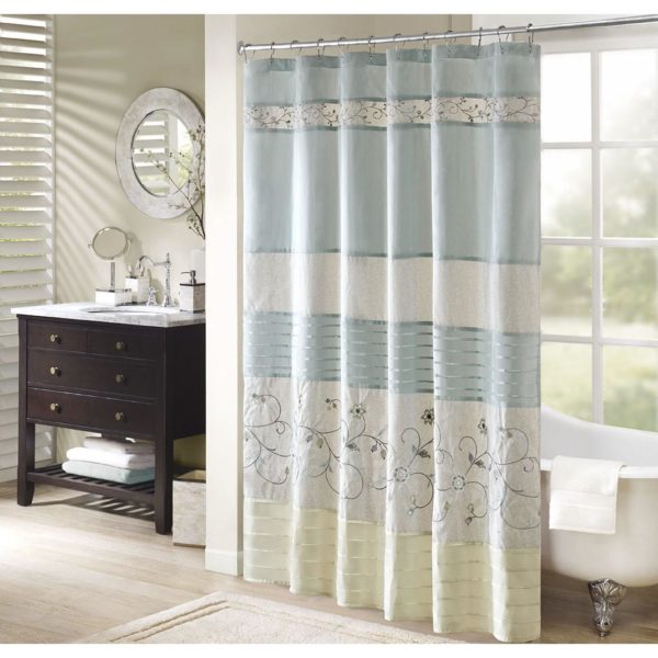 Serene Faux Silk Embroidered Floral Shower Curtain - Image 7