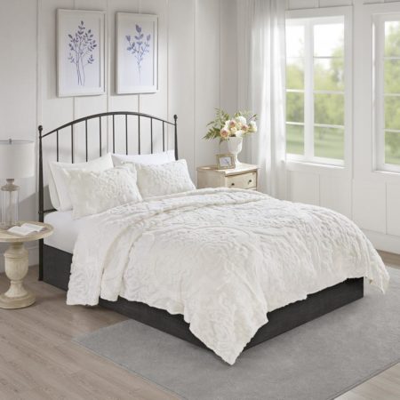 Viola 3 Piece Tufted Cotton Chenille Damask Coverlet Set