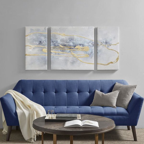 Blue Cosmo 3 Piece Canvas Set Hand Embellished Textured Glitter And Gold Foil