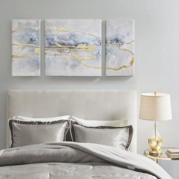 Blue Cosmo 3 Piece Canvas Set Hand Embellished Textured Glitter And Gold Foil - Image 3