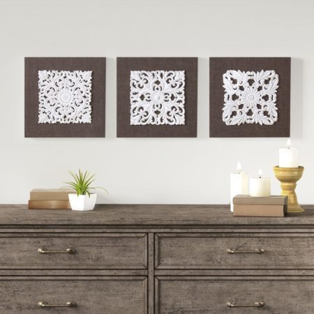 White Mandala Trinity 3D Embellished Linen Canvas 3 Piece Wall Art