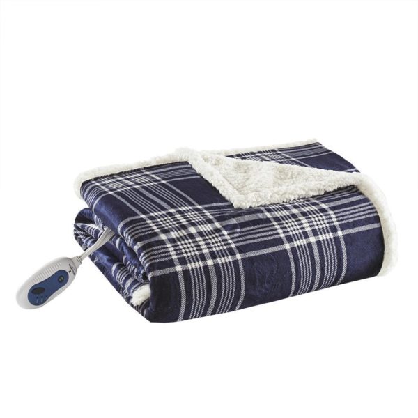 Leeds Oversized Plaid Print Faux Mink to Berber Heated Throw - Image 2