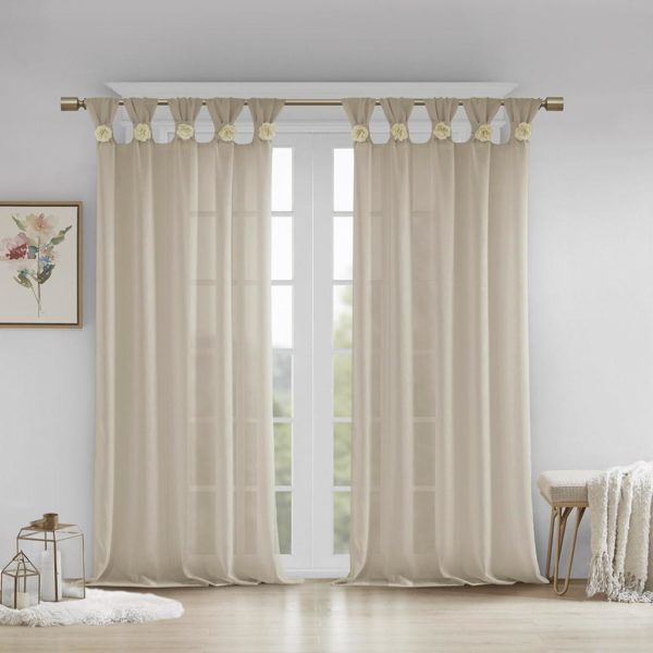 Rosette Floral Embellished Cuff Tab Top Solid Window Panel - Image 4