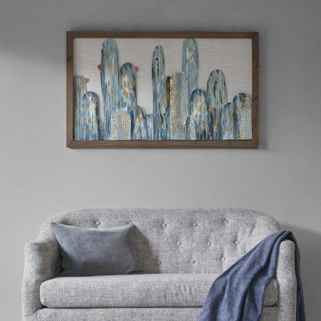 Cactus Metal Wall Art Decor With Wooden Frame