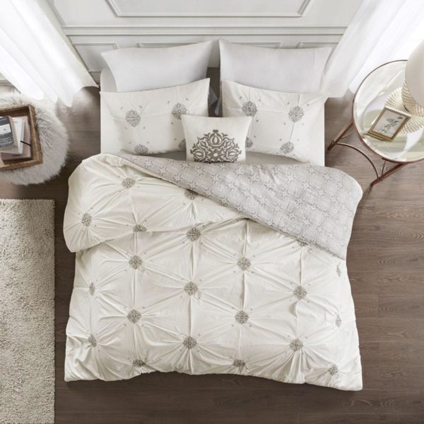 Malia 4 Piece Embroidered Cotton Reversible Duvet Cover Set