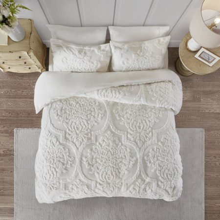 Viola 3 Piece Tufted Cotton Chenille Damask Duvet Cover Set