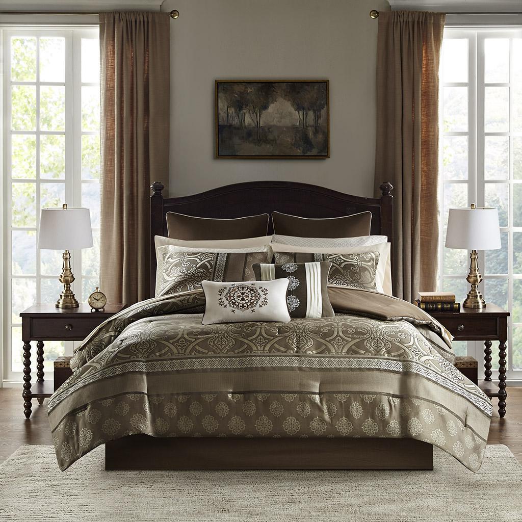 Zara 16 Piece Jacquard Complete Bedding Set With 2 Sheet Sets Brown