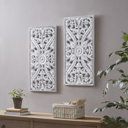 Botanical Wood Panel Carved Wall Panel 2 Piece Set