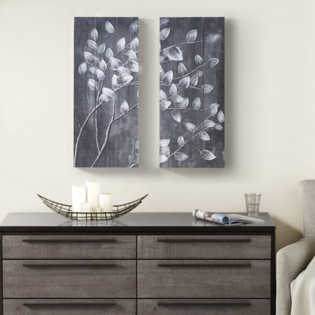 Grey Branches Print on Wood with 50% Handpaint 2 Piece Set