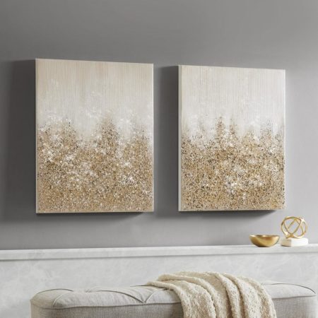 Golden Glimmer 100% Hand Brush Embellished Canvas, 2 Piece Set