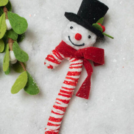 MTX61985 HAT ORNAMENT 4" FROSTED CANDY CANE SNOWMAN (11259)