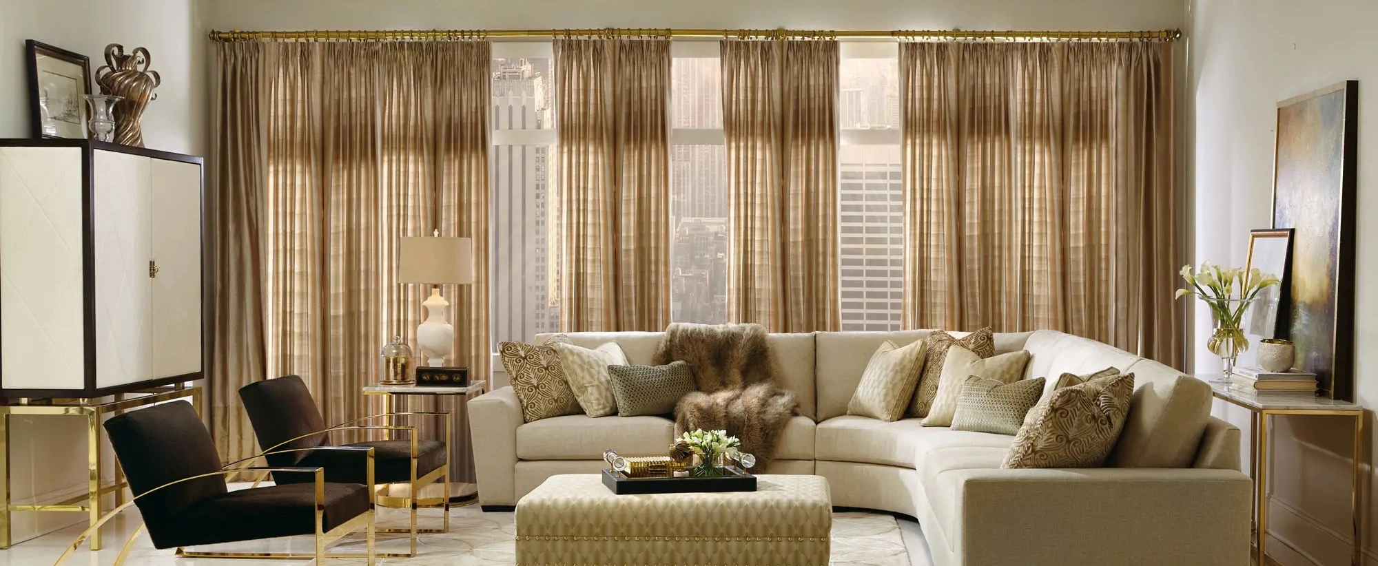 Modern interior with big widow curtains