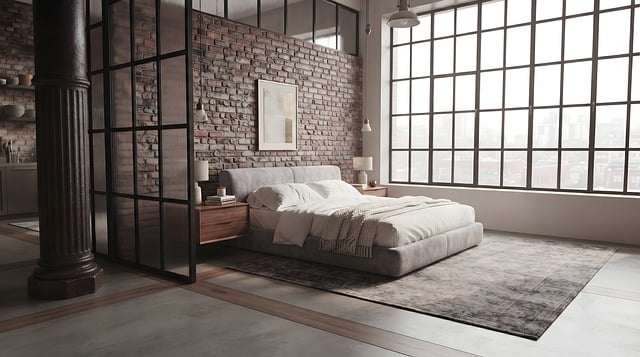 Bedroom, loft, industrial, brick